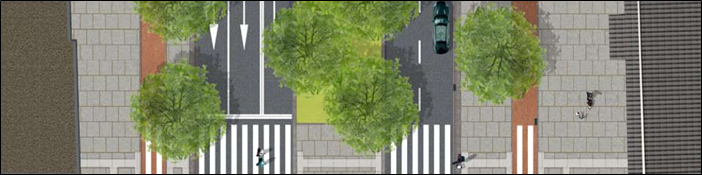 Figure 59 New street profile - Description: An aerial view of a rendering of a street with trees separating the two streets.