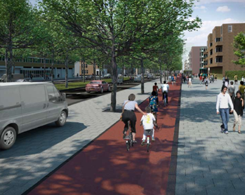Figure 60 An impression of the Wibautstraat - Description: A rendering of a street with families riding in the bike lane and people walking beside them