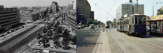 Figure 61-62 Wibautsraat in 1960 and 1966 - Description: The first picture is a black and white picture of a highway with large amounts of cars on the road, and tall building surrounding it. There is also a small amount of green space with trees. The second picture is a front view of the street previously pictured with a public transit bus on the road.