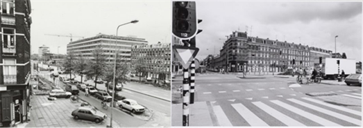 Figure 63-64 Wibautstraat in 1983 and 1985 - Description: Two black and white pictures picturing 2 roads making a right angle around a center building from the left and right perspective.