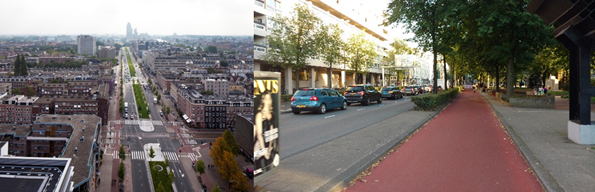 Figure 65-66 Wibautstraat in 2016 - Description: The first picture an aerial view of the city of Wibautsraat with two large roads running through the city with green space in between them. The second picture is a street view of a road with cars on the road.
