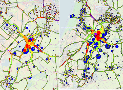 Figure 68 Morning(right) and evening( left) at rush hour - Description: The first picture on the left is an aerial map of a city with a large amount of circles in different colors piled in the middle of the map during rush hour. The second picture shows a large amount of circles in different colors spread out amongst the city in the morning.