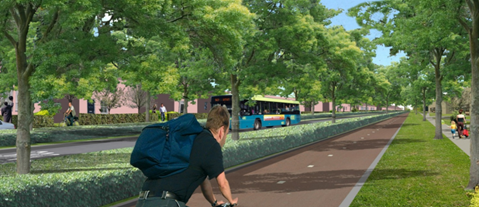 Figure 73 New Profile( from 2018) - Description: A profile of a man riding a bike in a bike lane with greenspace in between him and the street where a public transit bus is.
