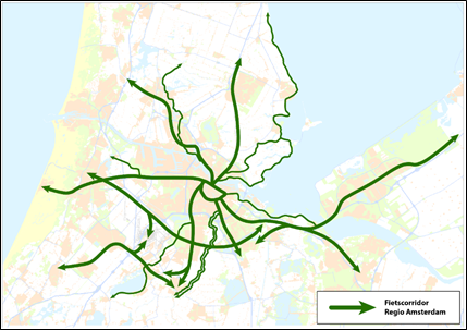 Figure 74 Network of the Fietscorridor of the Amsterdam Region - Description: A map of the Fietscorridor of the Amstedam region with green lines running ove the map showing the network.