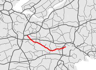 Case: Provincial road N225 - Description: A black and white topographical map with provincial road N225 highlighted in red.