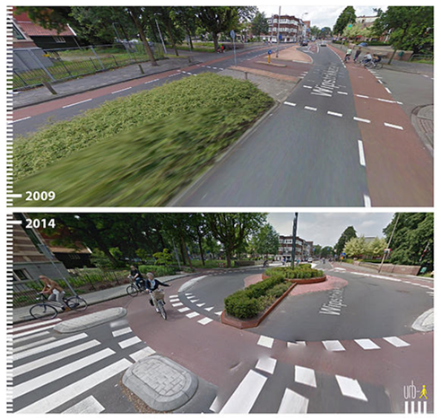 Figure Wipstrikalle in Zwolle, Before and after - Description: Two pictures from 2009 and 2014 taken by a street camera . The first picture showed a street with bike lanes on both sides, a crosswalk, with a green space in between the two. The second picture showed a a much smaller green space with a cycling roundabout.