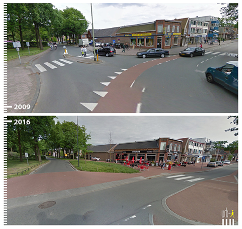 Figure Kerkhoflaan, Emmen - Description: Two pictures from 2009 and 2016 taken by a street camera showing an intersection. The first picture shows cars taking right turns, and the second picture is shows an empty road with a walkway built over the right turning lane.