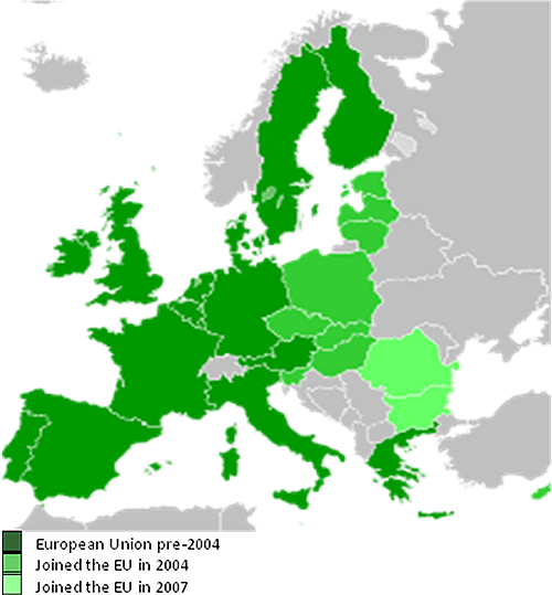 Figure 2. Map of E-U's enlargements in the 2000s, including European Union pre-2004, joined the E-U in 2004, and joined the E-U in 2007.