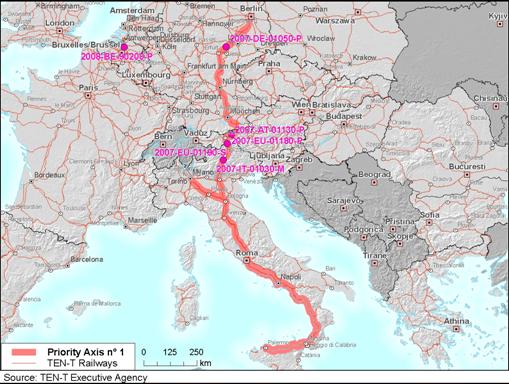 Figure 9. Map of corridor 1: Berlin-Verona/Milano-Bologna-Napoli-Messina-Palermo.