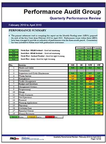 Figure 11. This illustration shows a performance summary page from the quarterly performance review of the Performance Audit Group at Transport Scotland.