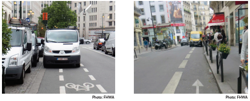 Two side-by-side photos, the one at left depicting a dedicated bike lane adjacent to on-street parallel parking, the one at right depicting a dedicated bike lane adjacent to a travel lane. Both are in urban centers. Source: FHWA