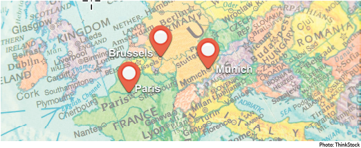 Map of Europe with pins indicating the locations of Paris, Munich, and Brussels.