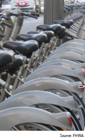 A rack of bicycles at a bikeshare location. Source: FHWA.