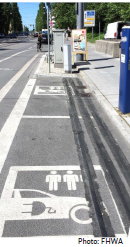 Streetside view of two dedicated electric car recharging stations recessed into the curb and running parallel to the roadway.