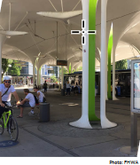 A mobility hub featuring access to bus and rail transit as well as bike share and other mobility options.