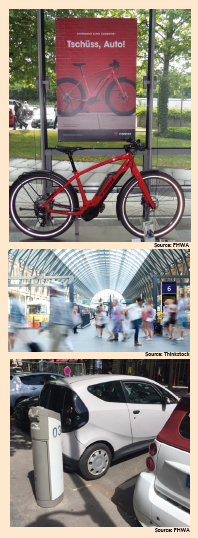 Series of photos including a red bike below a sign that reads "tschuss auto", meaning goodby auto in German (Source: FHWA); a busy train station (Source: FHWA); and a car share lot (Source: FHWA).