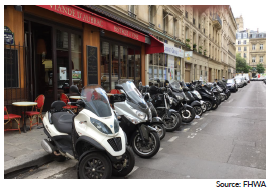 A row of parked scooters in dedicated parking on a narrow European street.
