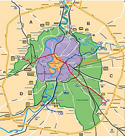 Map of the five concentric zones for automobile restrictions in Rome.