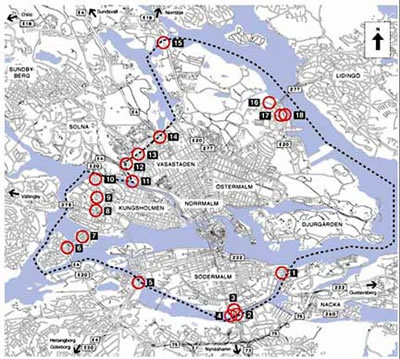Map of pricing cordon around central Stockholm showing locations of 18 charging points.