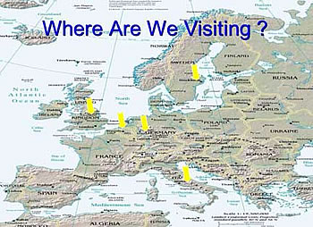 Map of Europe with locations of scan team visits marked: Rome, Italy; Stockholm and Lund, Sweden; Cologne, Germany; Rotterdam and Delft, Netherlands; and London, United Kingdom.