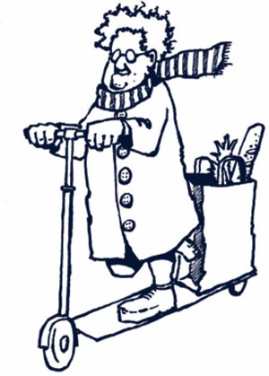 Illustration of man and bag of groceries on scooter.