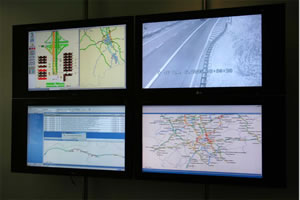 Photo of traffic information displays at North Rhine Westphalia Traffic Management Center.