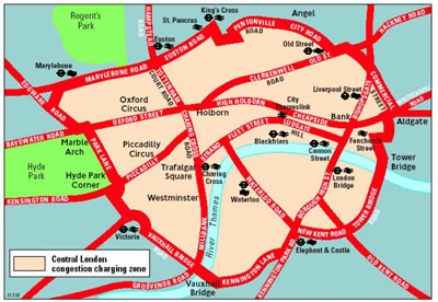Map of showing outline of London charging zone.
