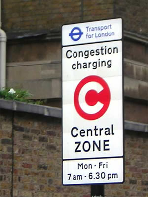 Photo of Transport for London sign reading "Congestion charging, Central Zone, Monday-Friday, 7 a.m.-6:30 p.m."
