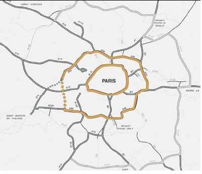 Map of Paris and surrounding areas highlighting the first and second beltways. A dotted line on the western side of the second beltway indicates the "missing link", where the A86 West Beltway Project will complete the second beltway.